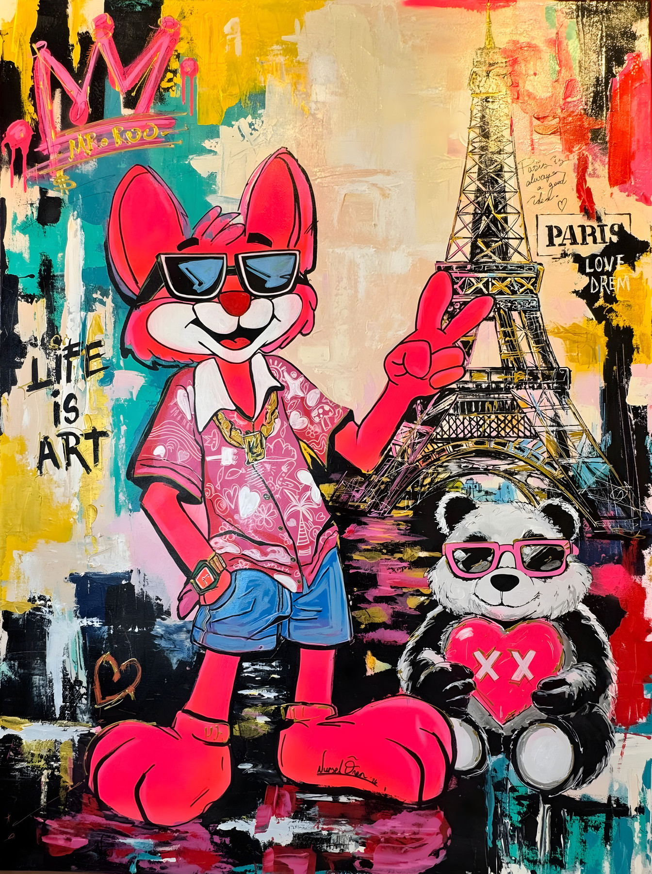 Mr Roo and Pandy in Paris, pink figure in sunglasses showing a peace sign, pop-art wall art by Nursel Önen, NÖ-B-17