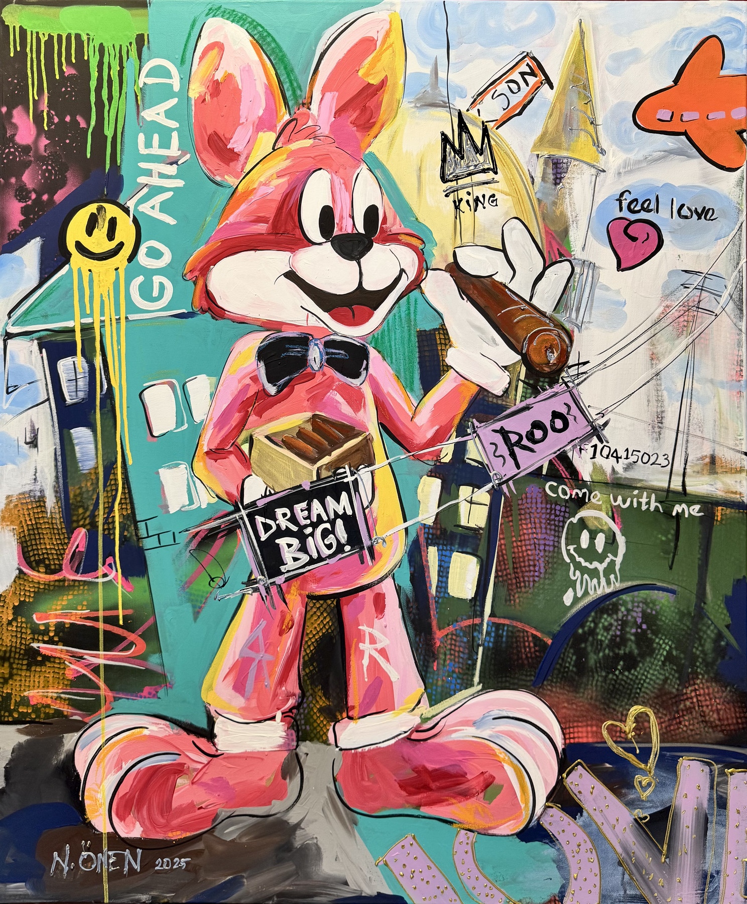 Mr Roo “Big Dream, Go Ahead”, pink figure with black bow tie holding a cigar, pop-art wall art by Nursel Önen, NÖ-B-13