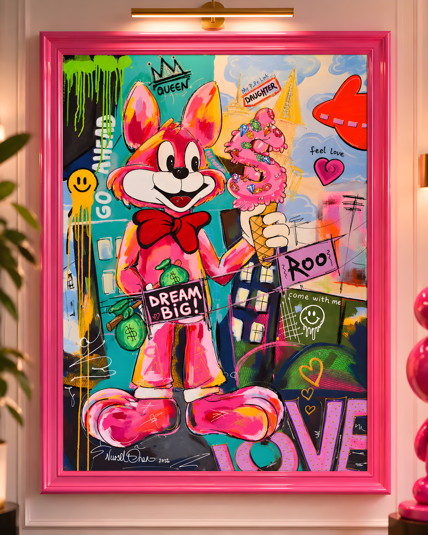 Mr Roo “Big Dream Queen Daughter”, pink figure with red bow tie holding ice cream cone, pop-art wall art by Nursel Önen, NÖ-B-19, View 2