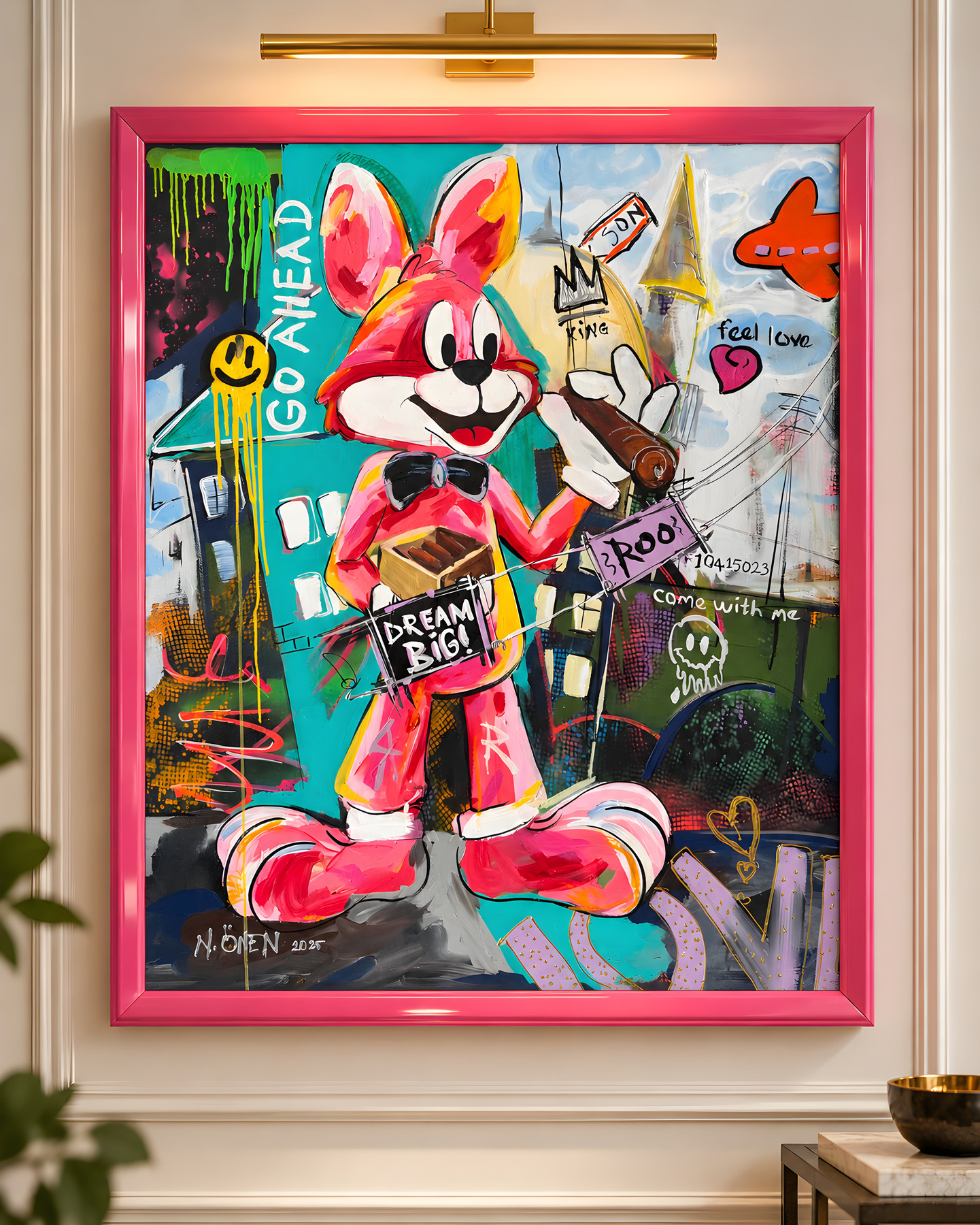 Mr Roo “Big Dream, Son”, pink figure with black bow tie holding a cigar, pop-art wall art by Nursel Önen, NÖ-B-28, View 2