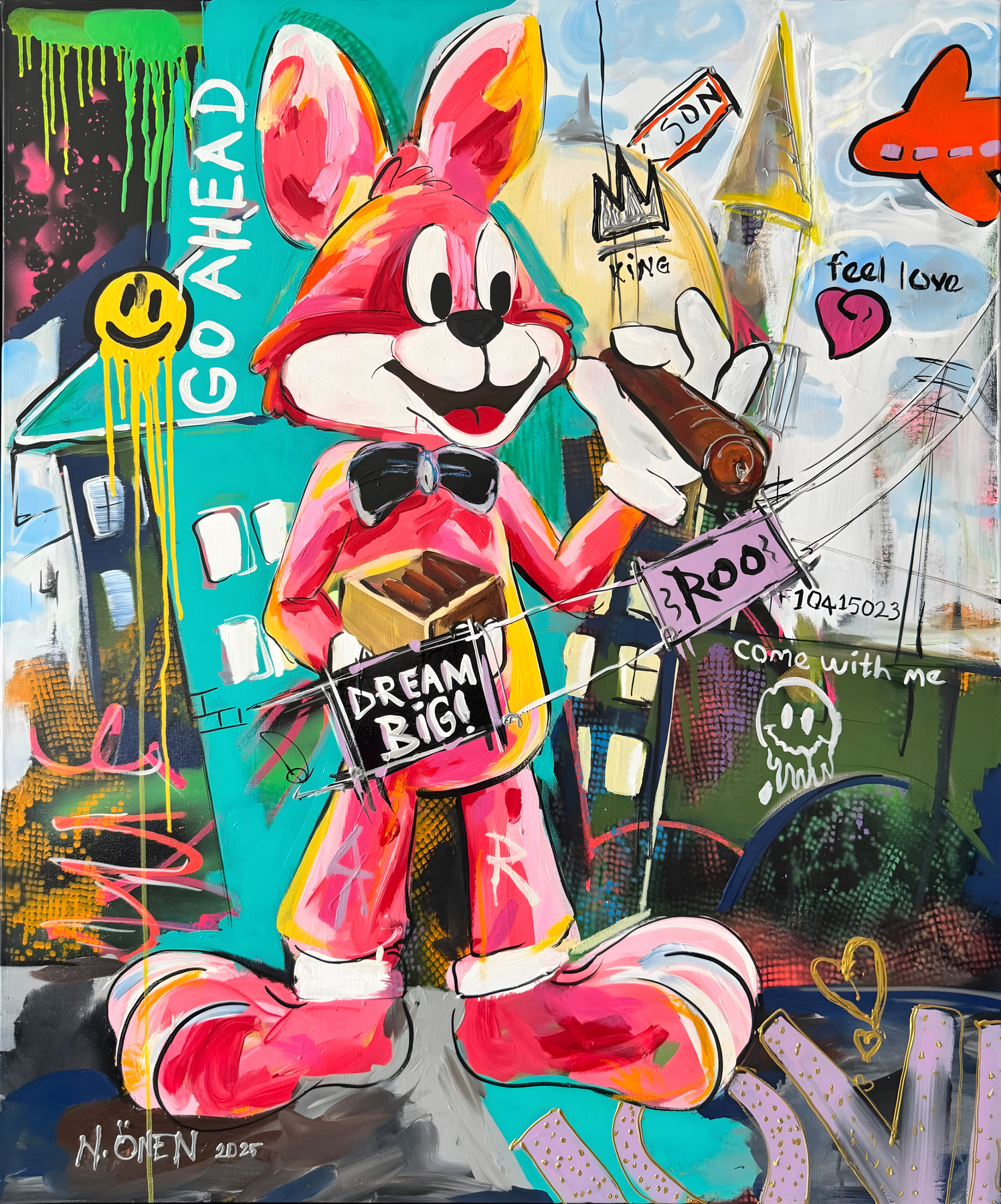 Mr Roo “Big Dream, Son”, pink figure with black bow tie holding a cigar, pop-art wall art by Nursel Önen, NÖ-B-28