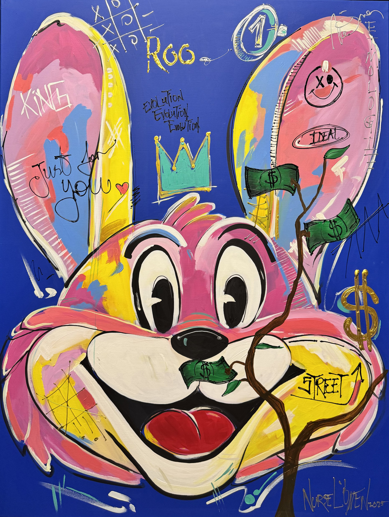 Mr Roo “Ideal”, dolar banknotlu ağaç ile gülümseyen pembe ve sarı figür, Nursel Önen'in pop-art duvar eseri, NÖ-B-14