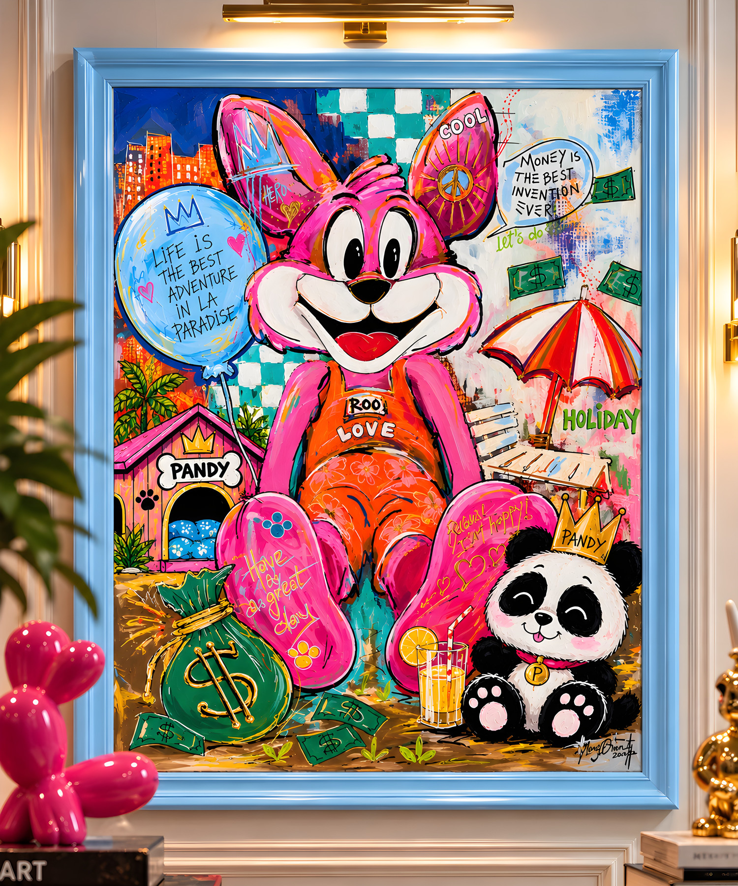 Mr Roo is on vacation with Pandy, pink figure in orange overalls sitting beside money bag, pop-art wall art by Nursel Önen, NÖ-B-25, View 2