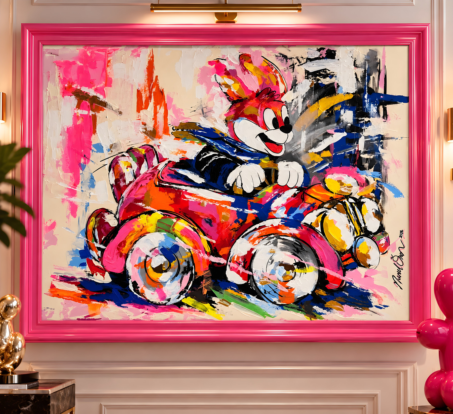 Mr Roo “Joyride”, pink figure with white gloves driving a colorful car, pop-art wall art by Nursel Önen, NÖ-B-22, View 2