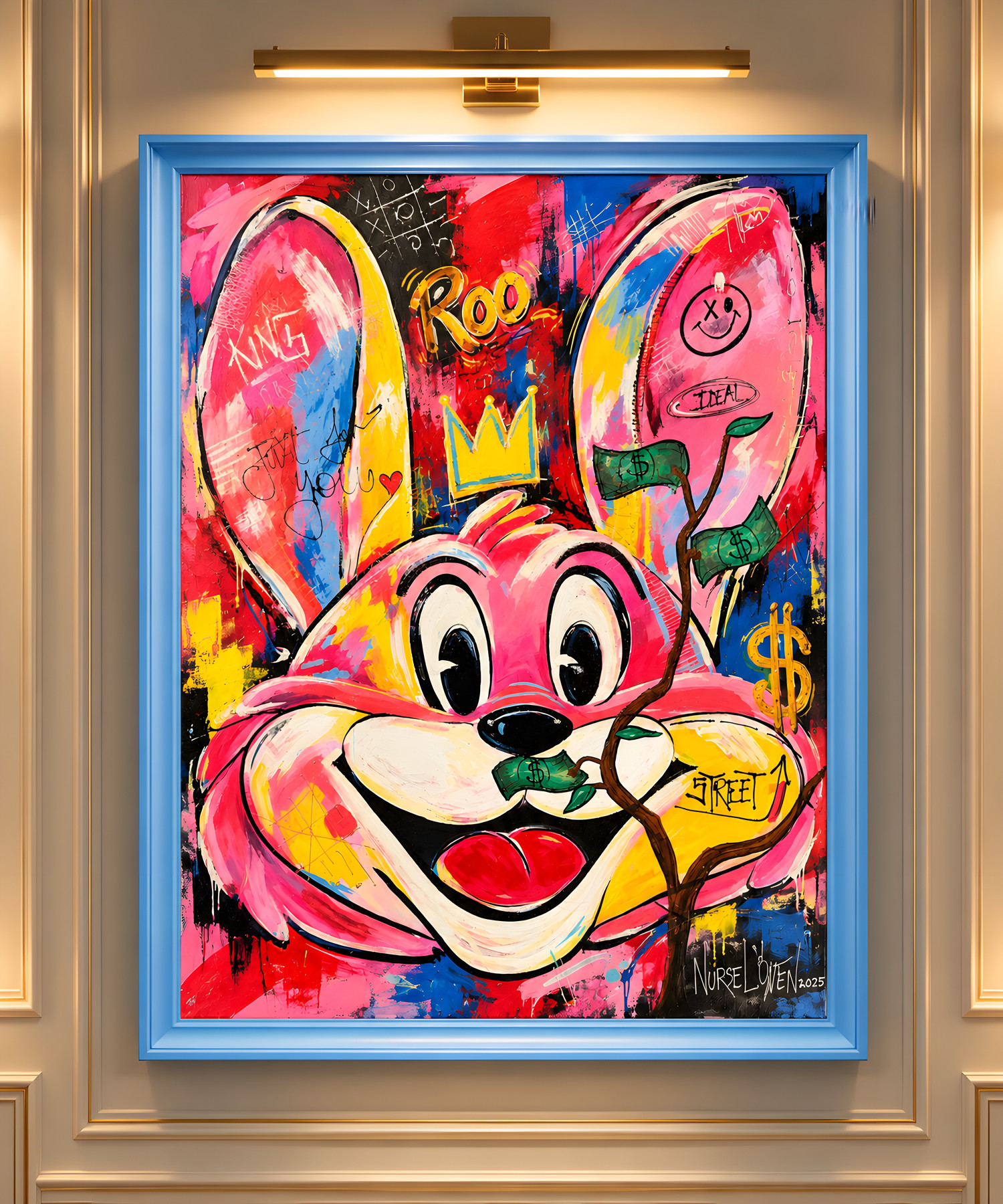 Mr Roo „Money Tree“, lächelnde rosa Figur mit gelber Krone und einem Baum mit Geldscheinen, Pop-Art-Wandbild von Nursel Önen, NÖ-B-26, Ansicht 2