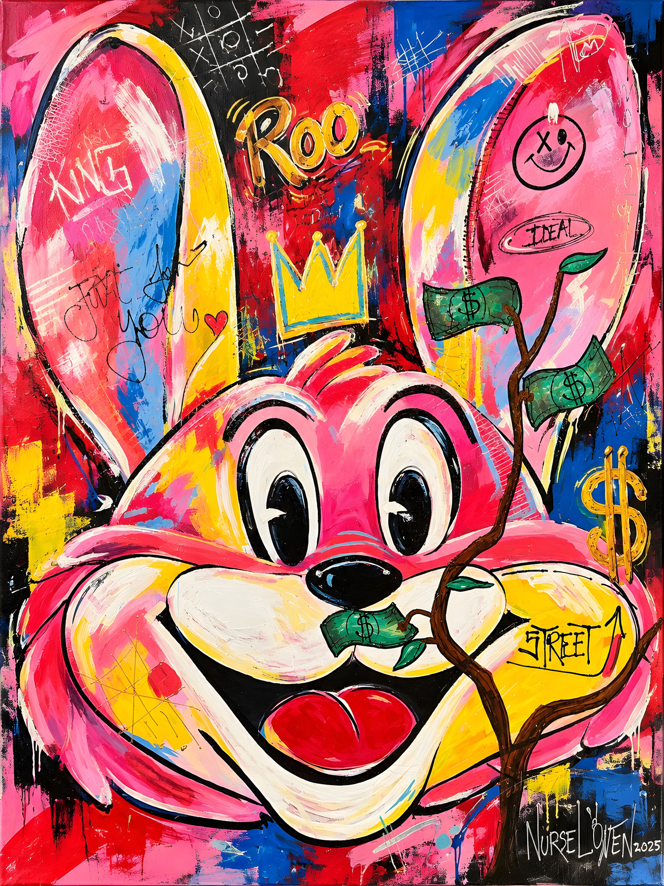 Mr Roo „Money Tree“, pinke Figur mit Krone und Geldschein im Mund, Pop-Art-Wandbild von Nursel Önen, NÖ-B-26