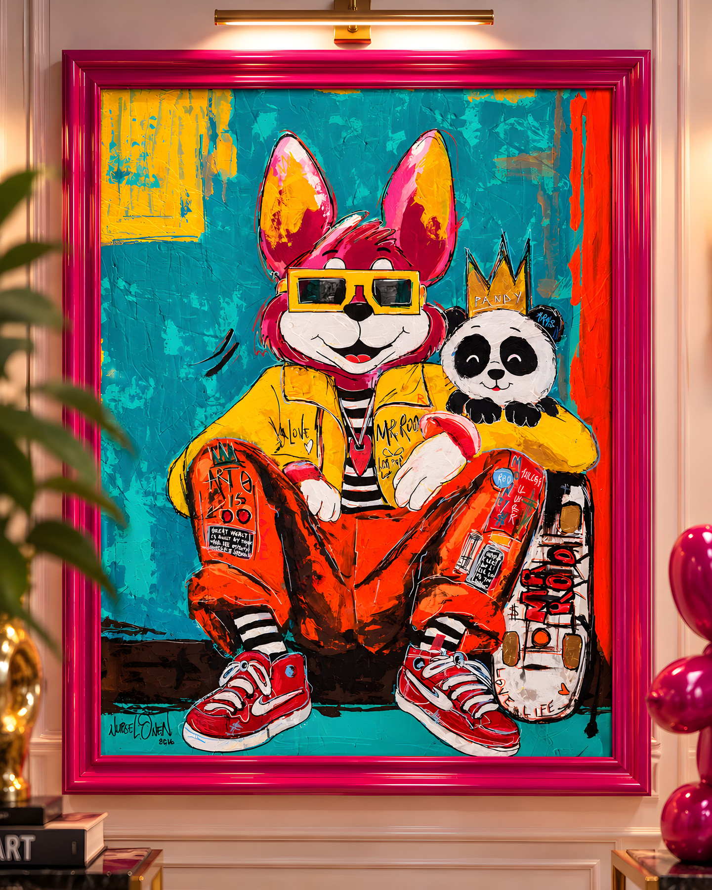 Mr Roo & Pandy “Afro Pop”, seated pink figure with yellow glasses and red sneakers, pop-art wall art by Nursel Önen, NÖ-B-23, View 2