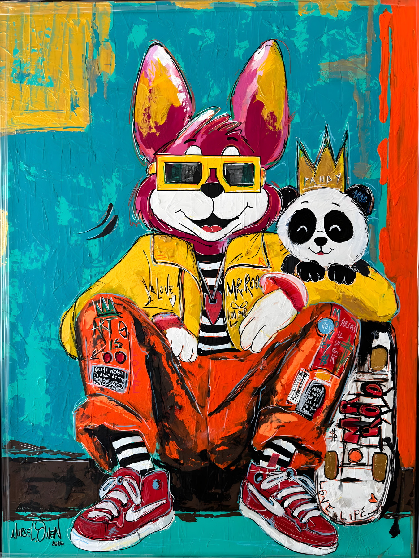 Mr Roo & Pandy “Afro Pop”, seated magenta figure in yellow jacket and orange trousers, pop-art wall art by Nursel Önen, NÖ-B-23