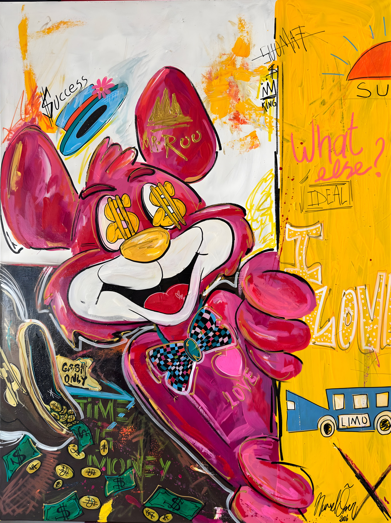 Mr Roo “Success”, pink figure with dollar sign eyes and bow tie, pop-art wall art by Nursel Önen, NÖ-B-20