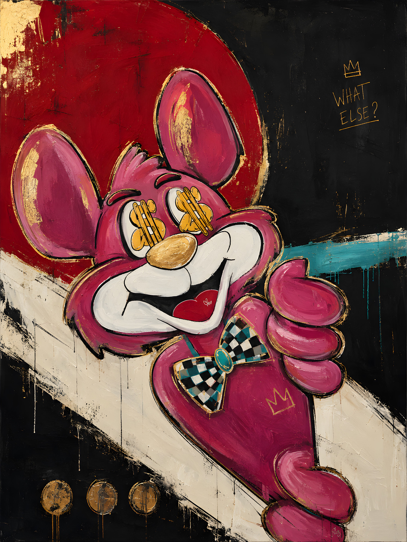 Mr Roo “What Else!”, pink figure with dollar eyes and checkered bow tie, pop-art wall art by Nursel Önen, NÖ-B-18