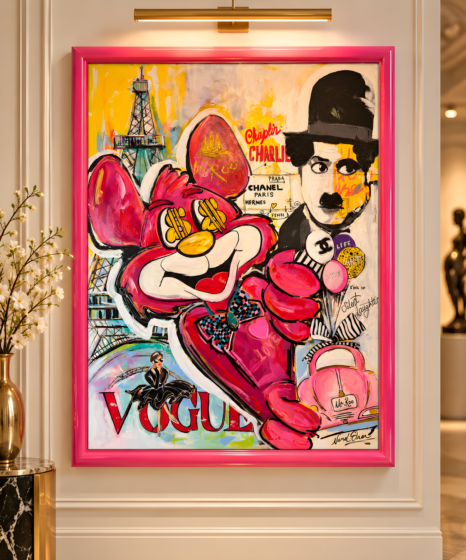 Mr Roo with Charlie Chaplin, pink figure with dollar eyes and bow tie, pop-art wall art by Nursel Önen, NÖ-B-21, View 2
