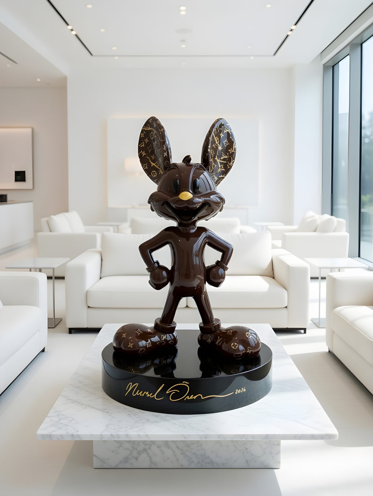 Mr Roo, brown figure with gold patterns, hands on hips, pop-art sculpture by Nursel Önen, NÖ-MR-19