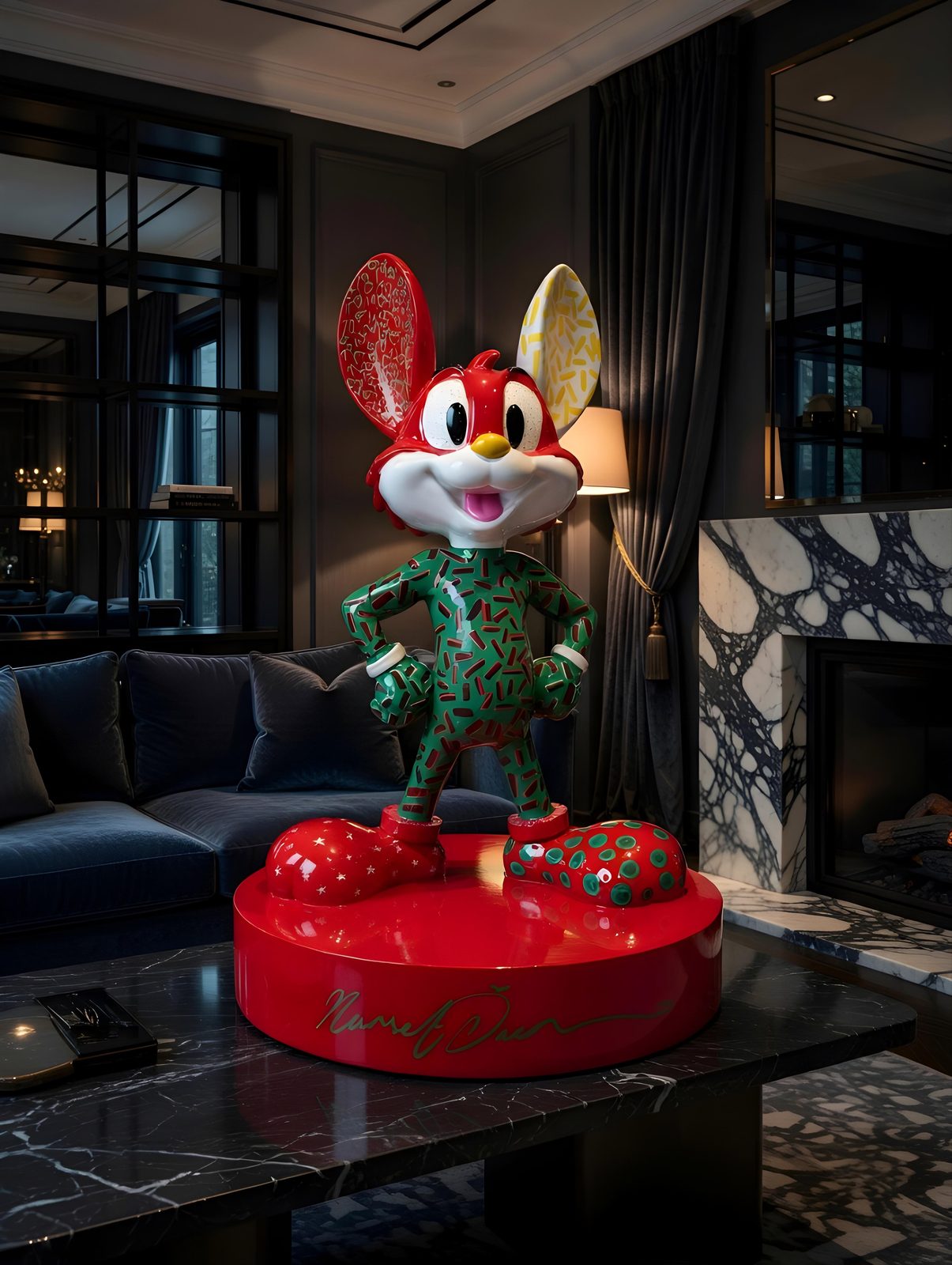 Mr Roo, green patterned figure with red head, hands on hips, pop-art sculpture by Nursel Önen, NÖ-MR-21